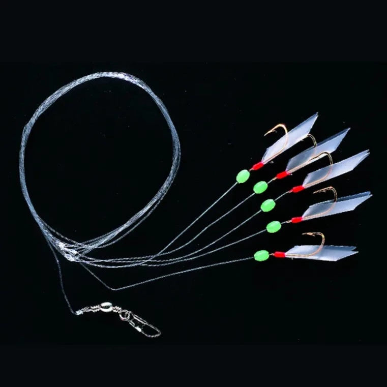 6 hooks/set Sabikii Green Feather Fish Skin String Hook Fishing
